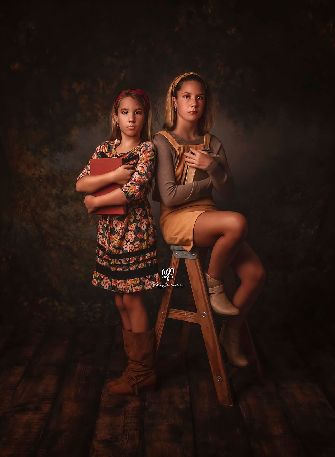 Young sisters posing in portrait studio for back to school photos with old books indoor session; Lexington, SC photograp