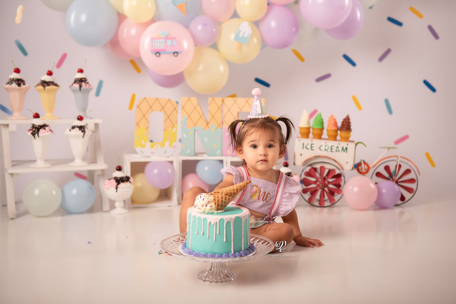 Baby girl Ice Cream Cake Smash photoshoot; first birthday photographer; Lexington, SC Cake Smash photographer; pastel co