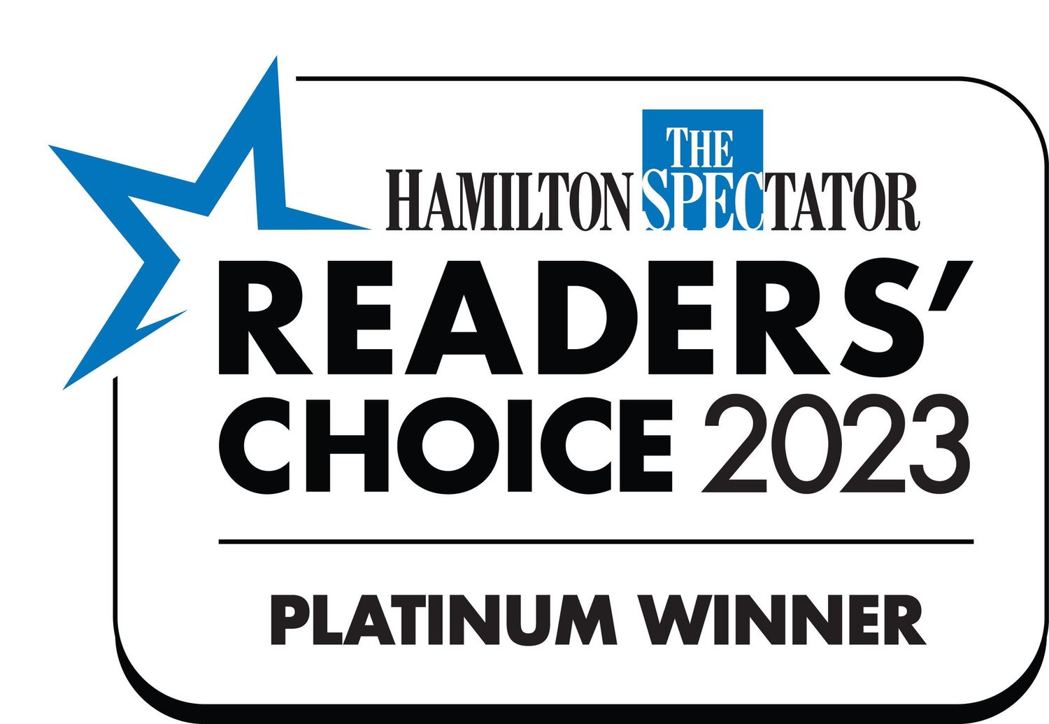 Hamilton Spectator Readers' Choice 2023 Platinum Winner logo featuring a blue star emblem.