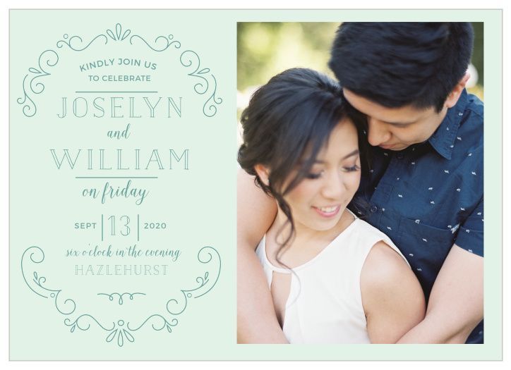 Mint green wedding invitation design with elegant frame alongside romantic engagement photo.