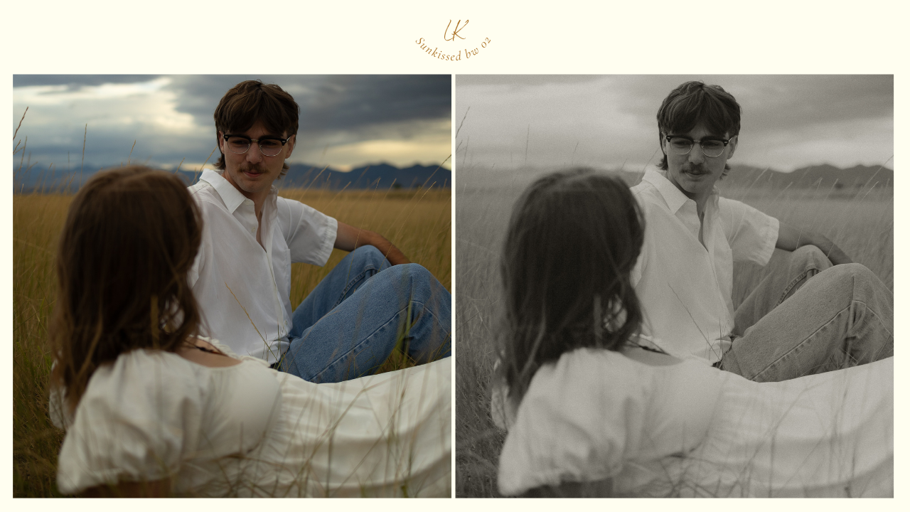 A before and after showcasing cinematic black and white Lightroom presets