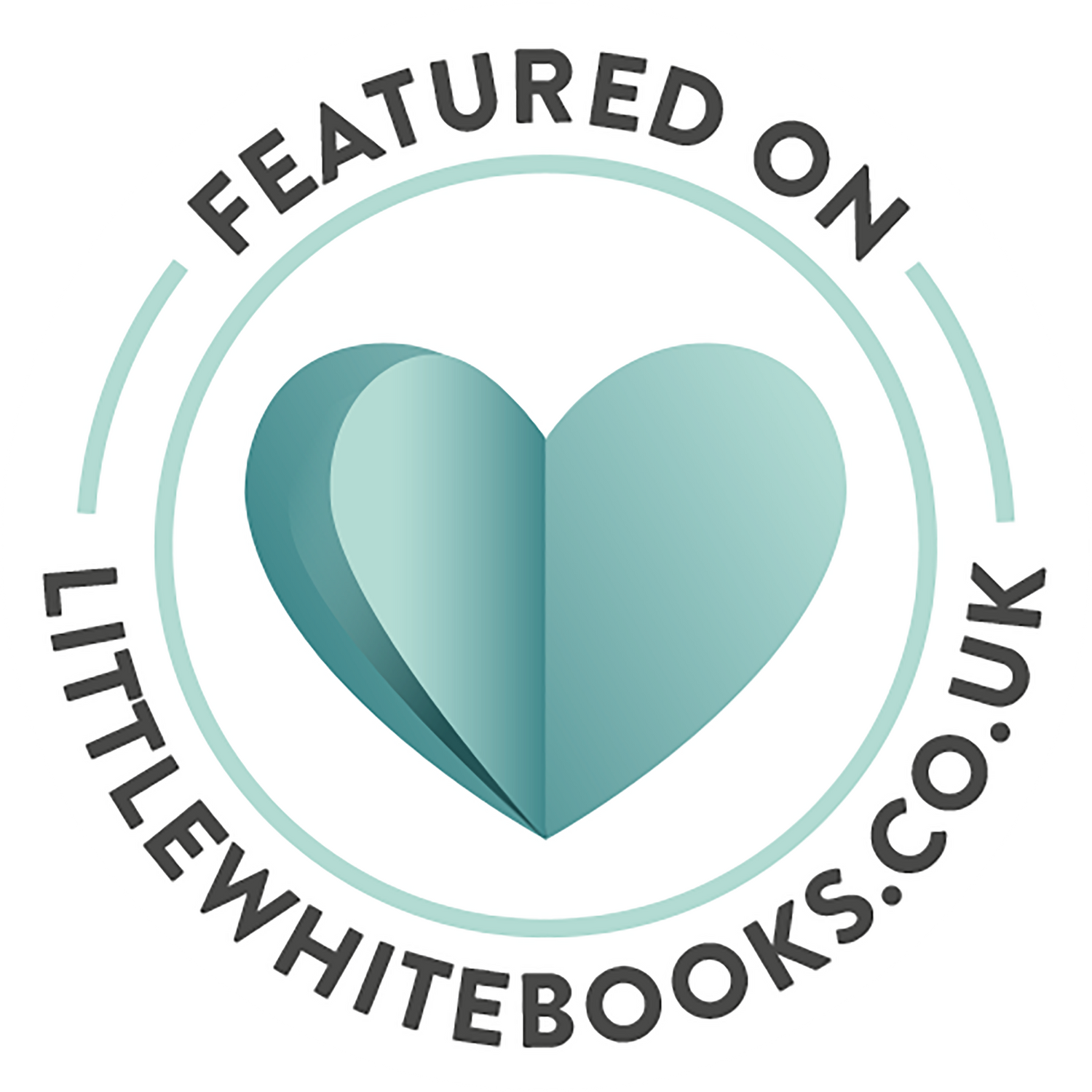 White circular badge with teal folded paper heart design for Little White Books UK.
Preston, Lancashire wedding photographer.
