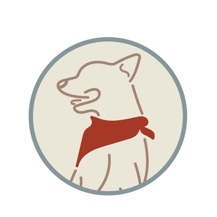 Minimalist line drawings of a dog in red and white circular frames.