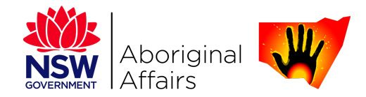 NSW Aboriginal Affairs government department logo with red lotus and black hand symbol.