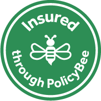 Green circular badge with white bee icon and text reading 