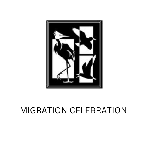 Migration Celebration logo with stylized birds in black and white design.