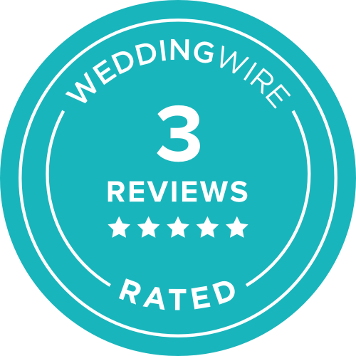 Wedding Wire 3 reviews rating badge in turquoise with five stars.