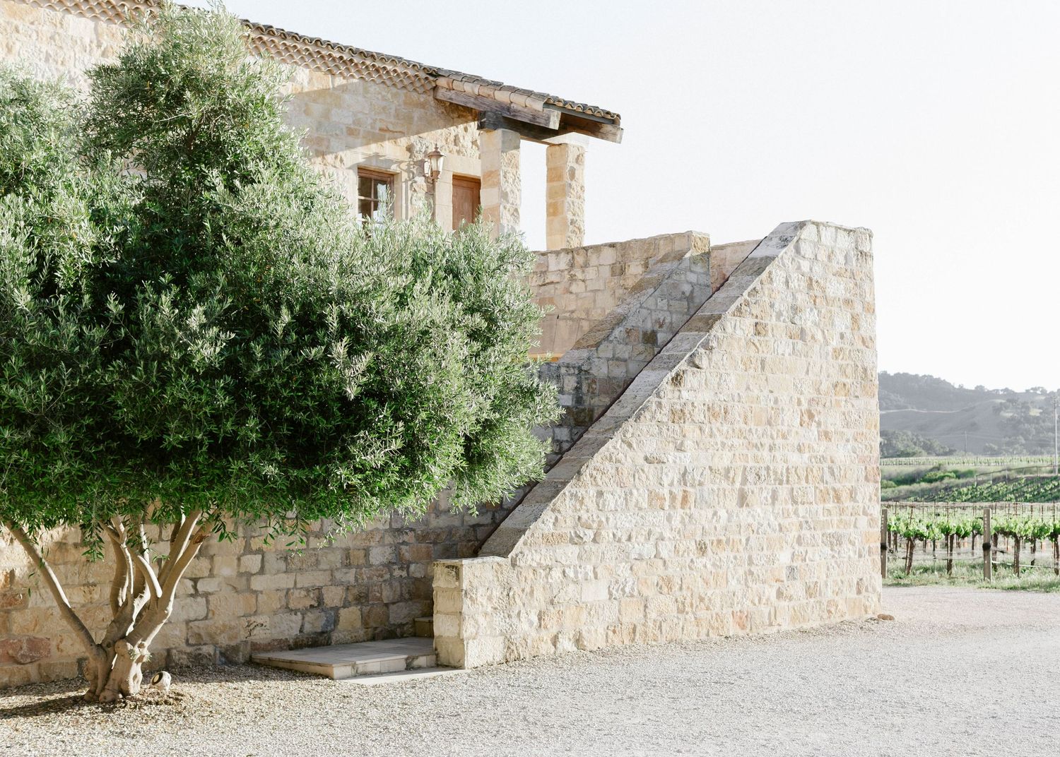 Scenic view of a stone winery building with olive trees in the foreground.