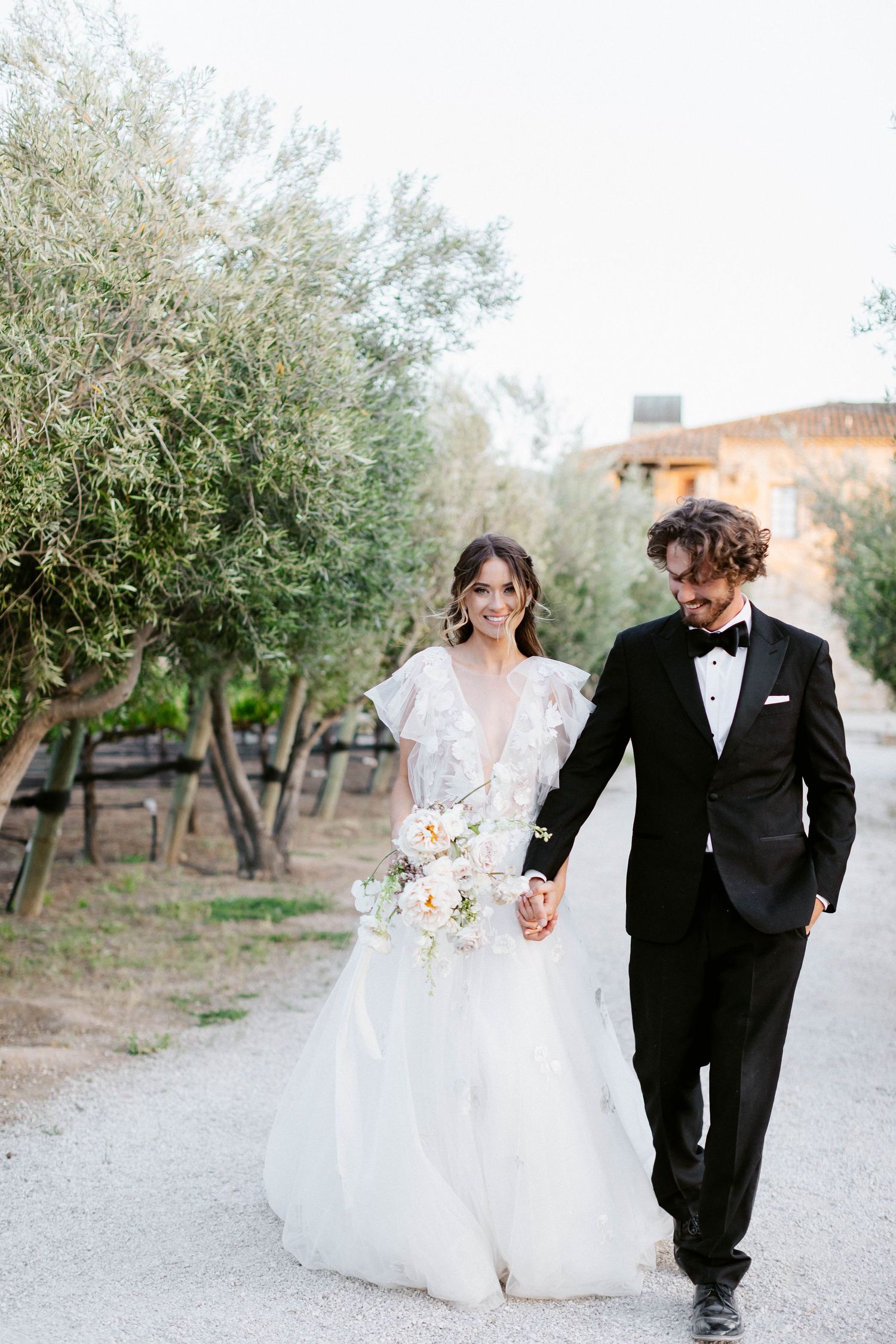 A romantic walk through an olive grove on a wedding day.