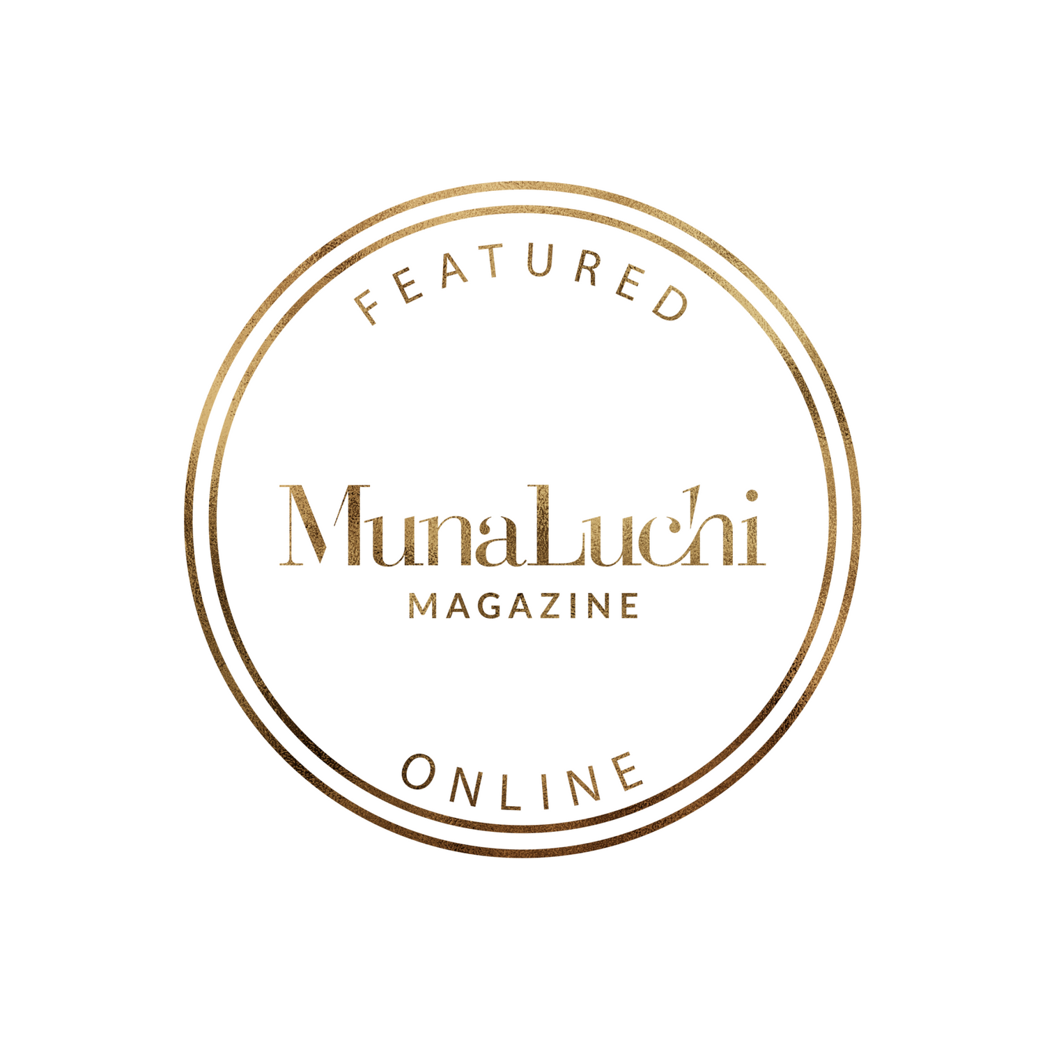 Elegant circular gold logo badge for MunaLuchi Magazine with featured online text.