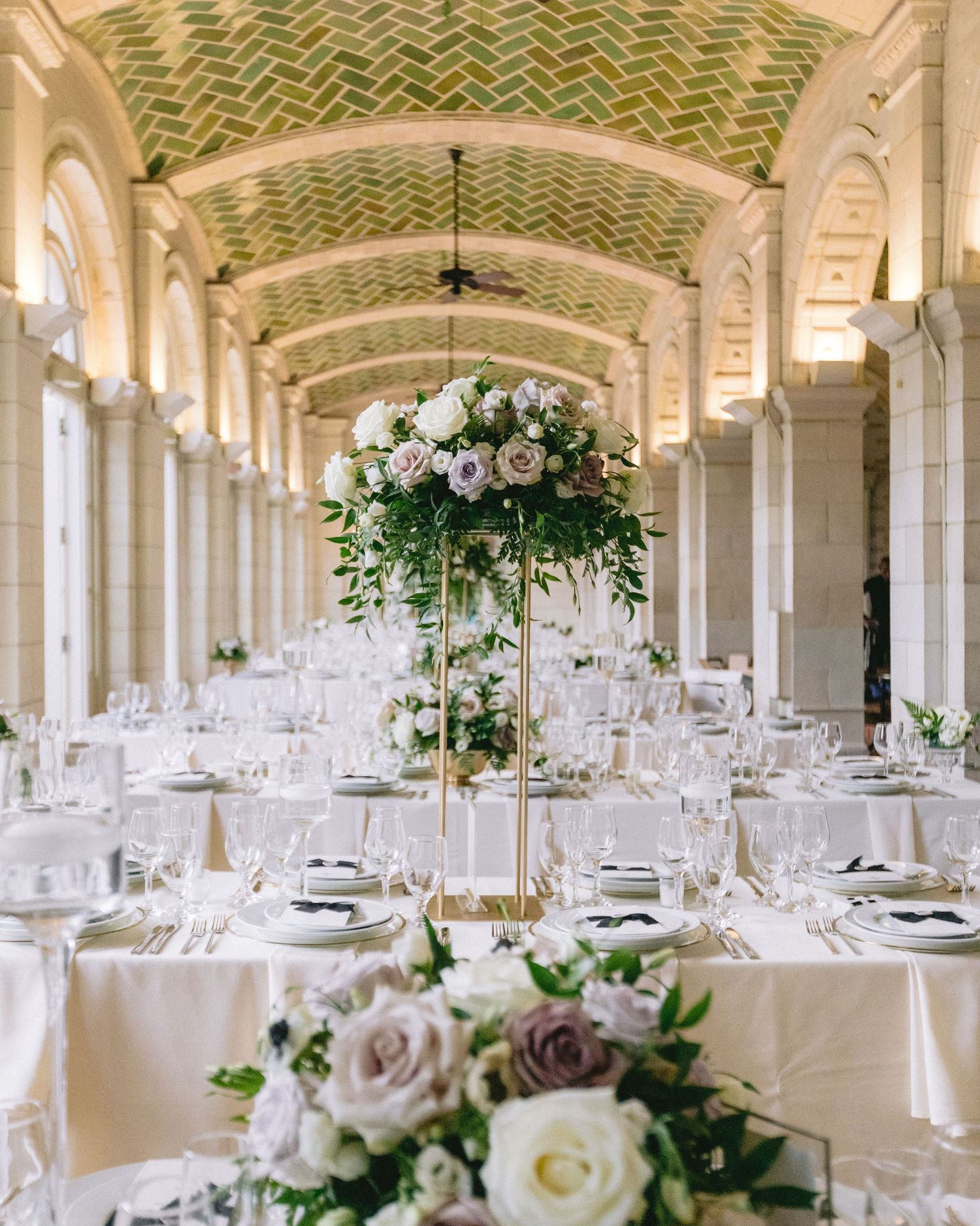 Prospect park boat house inside wedding table set up