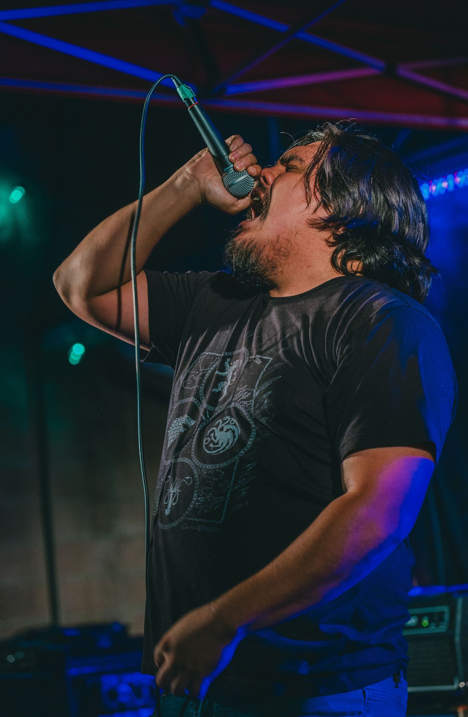 Rock vocalist performs passionately under blue stage lighting.