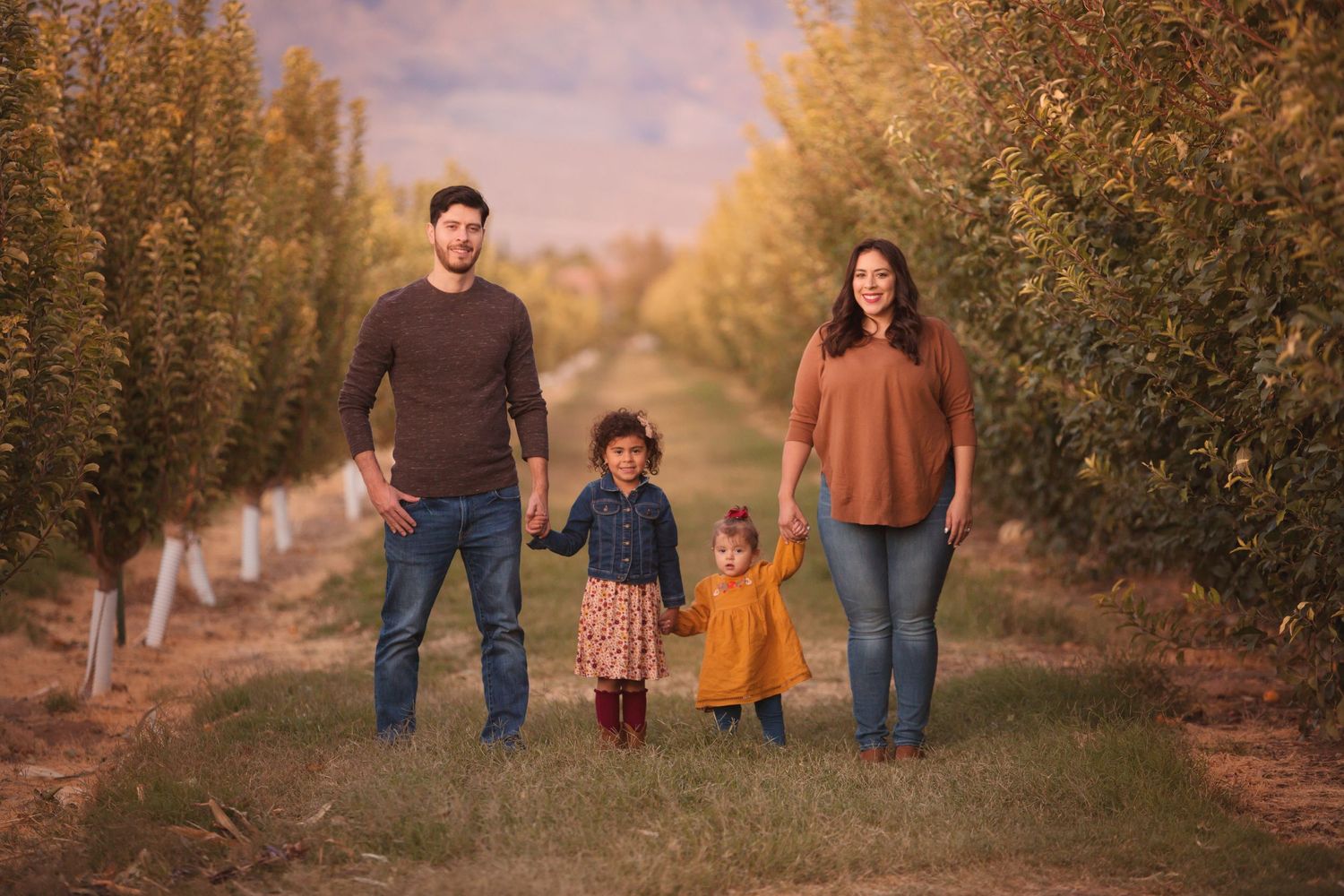 Autumn family photo session in an orchard with warm sunset lighting.