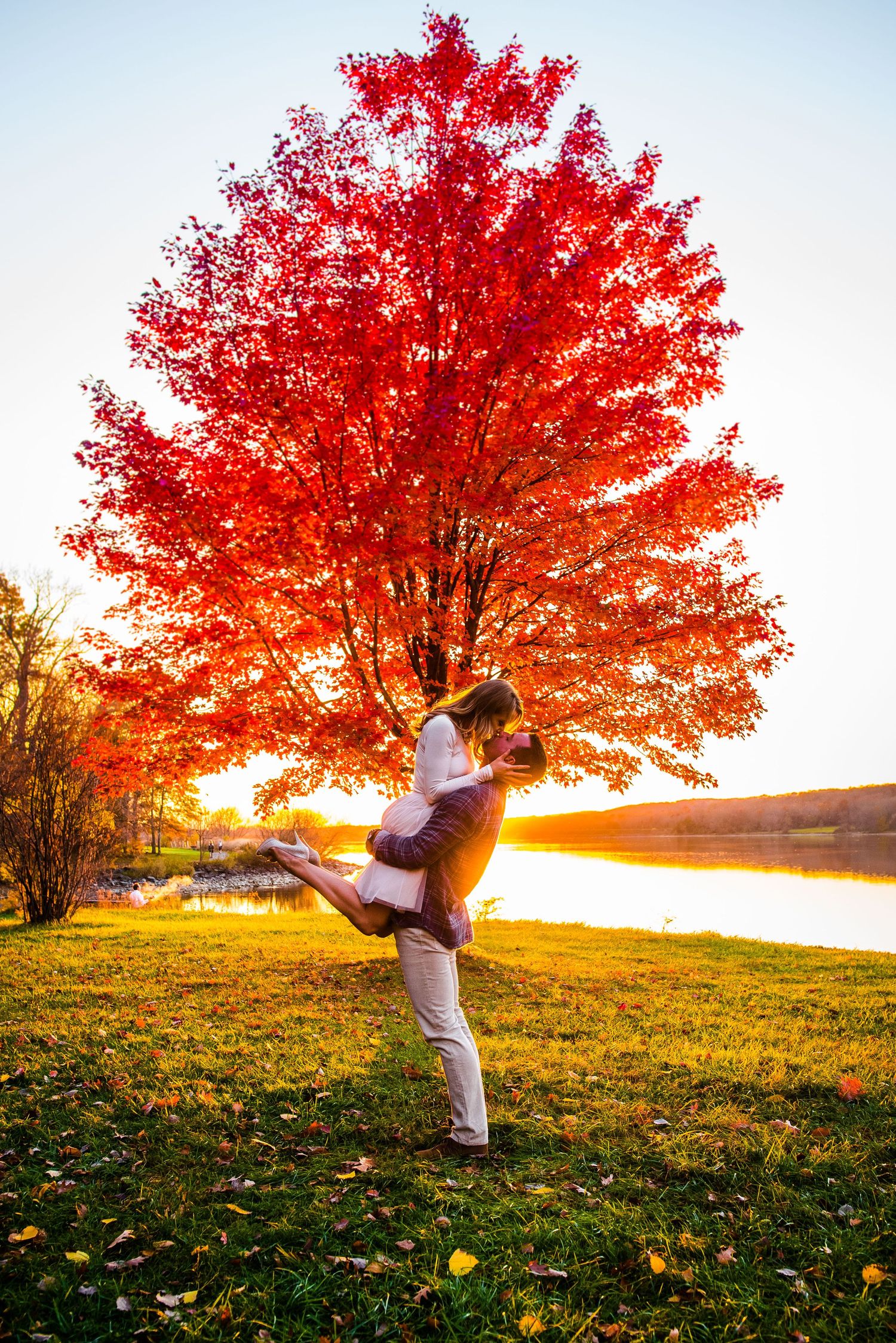 A romantic fall engagement photo under a vibrant red maple tree at sunset.