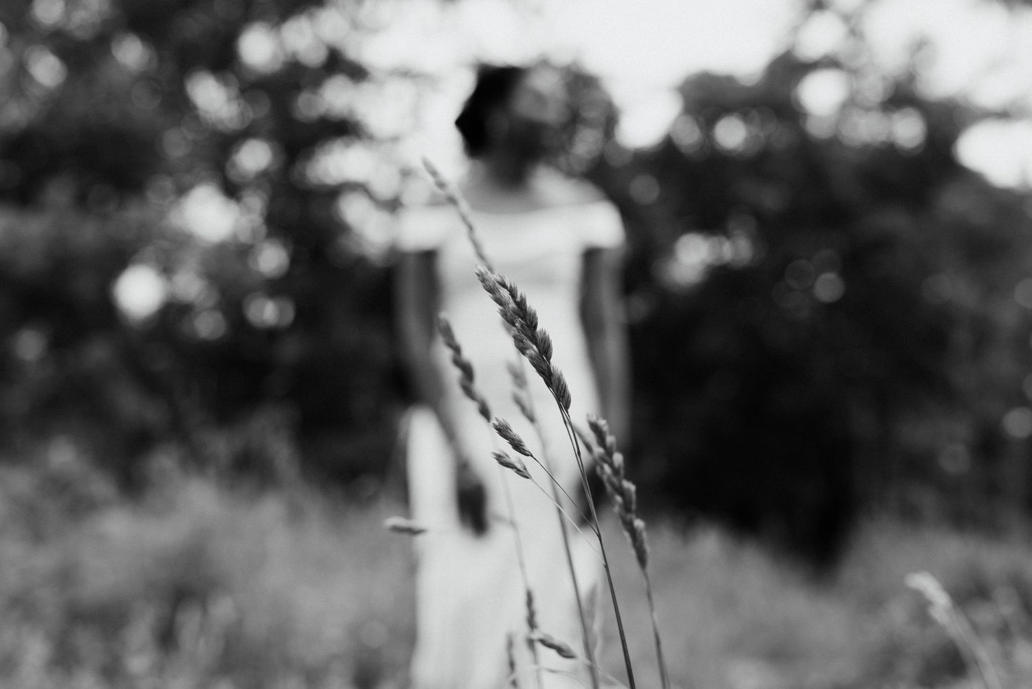Artistic black and white photo of tall grass in focus with silhouette figure standing in background.