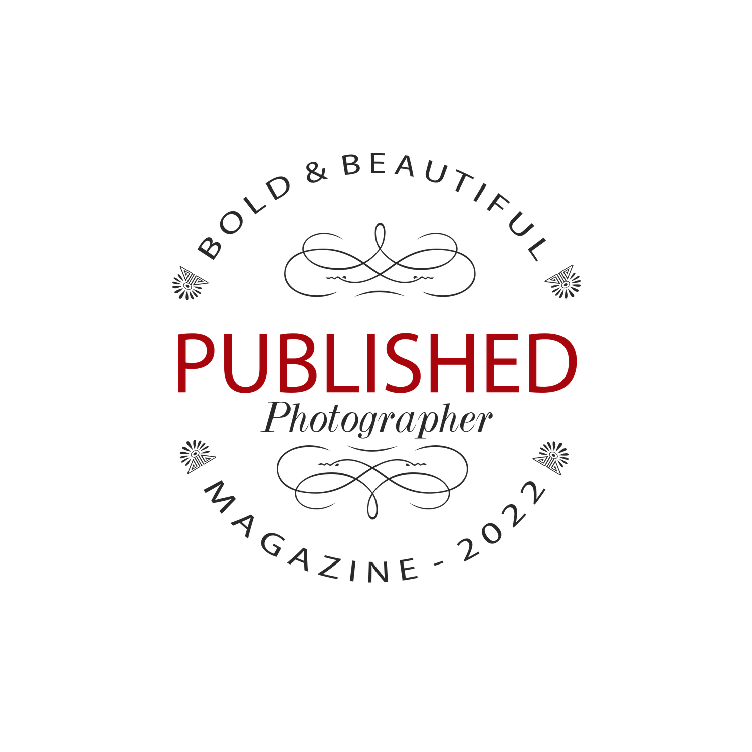 Elegant photographer magazine publication badge with red text and ornamental design.