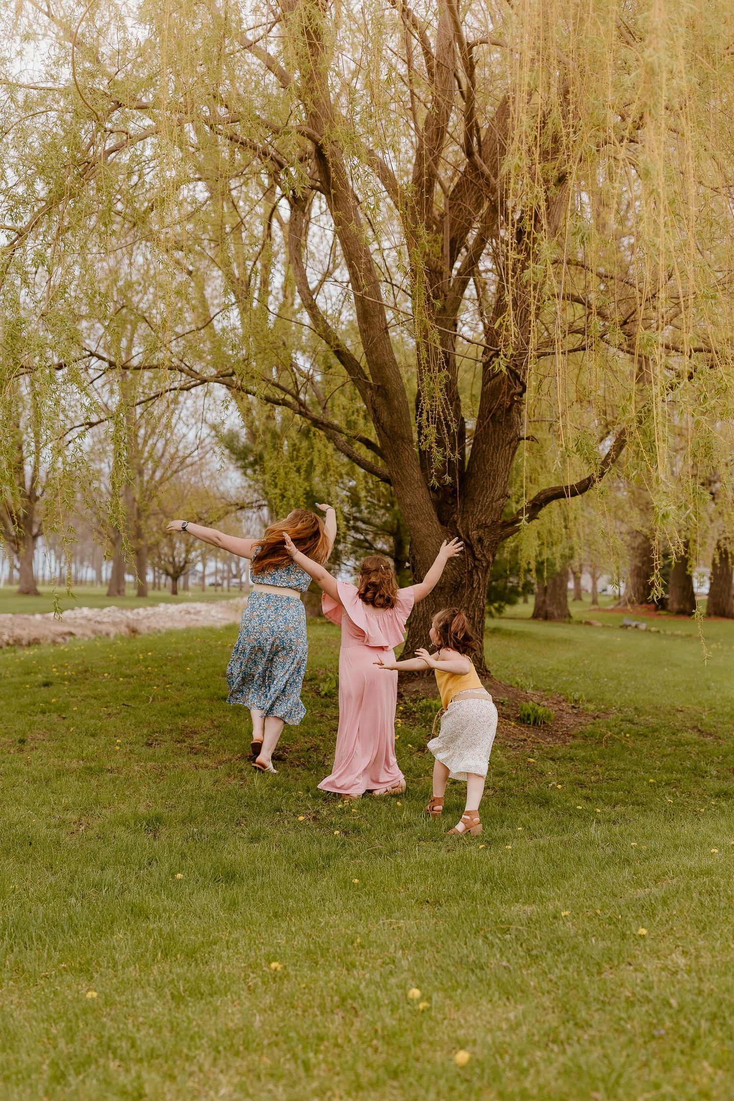 Three figures in flowing dresses dance joyfully under a large willow tree in a park.