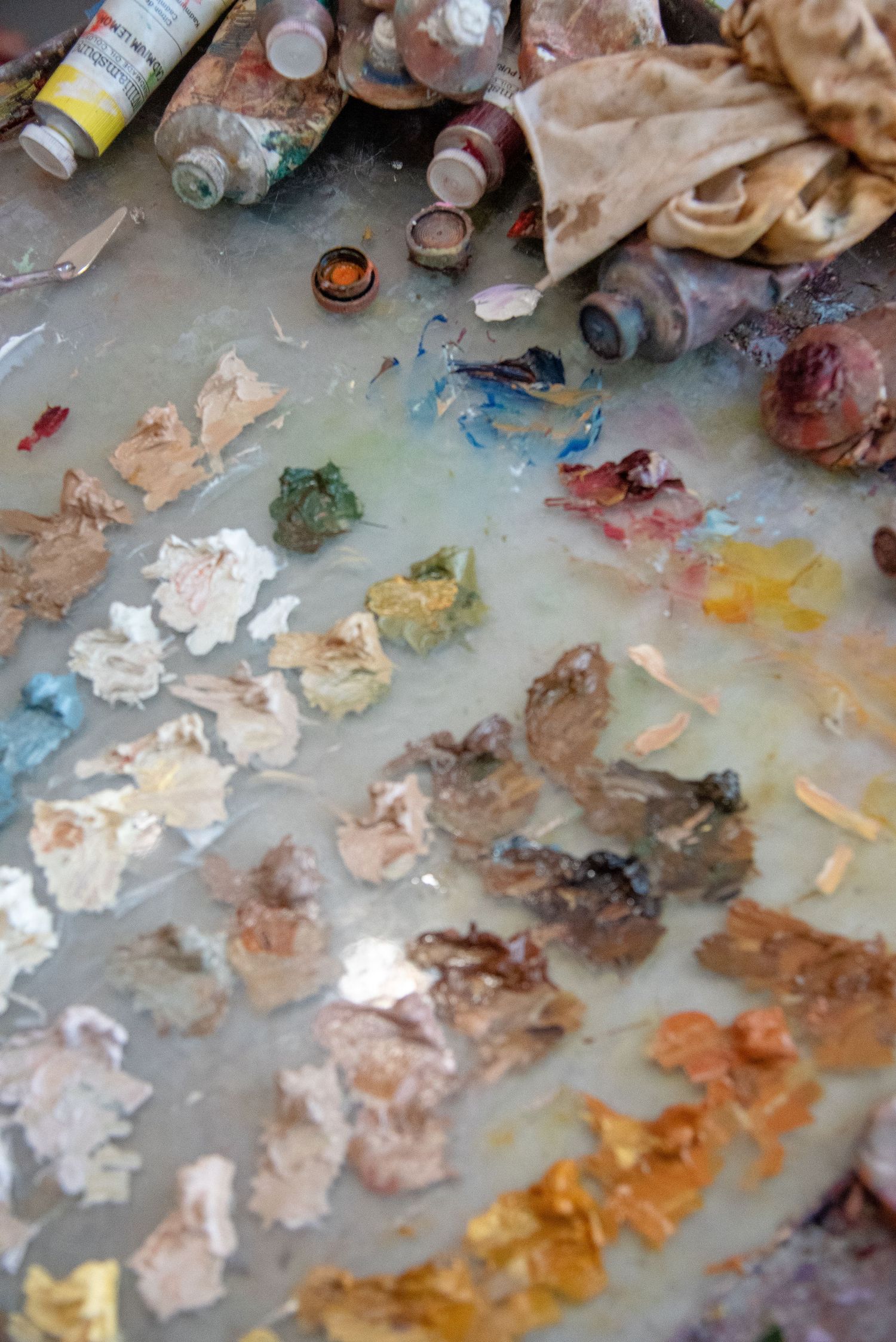 Close-up of artist's paint palette showing mixed colors and textures.