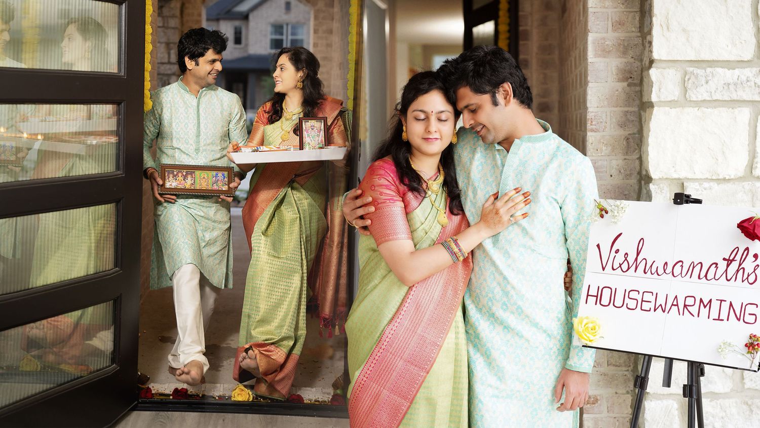 Romantic couples celebrating Valentine's Day in traditional Indian attire.