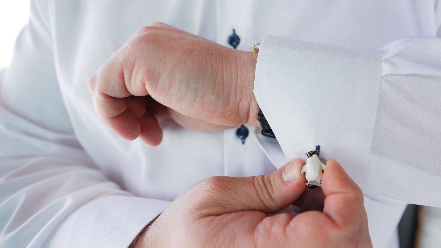 Close up of hands adjusting white formal shirtsleeves with cufflinks.