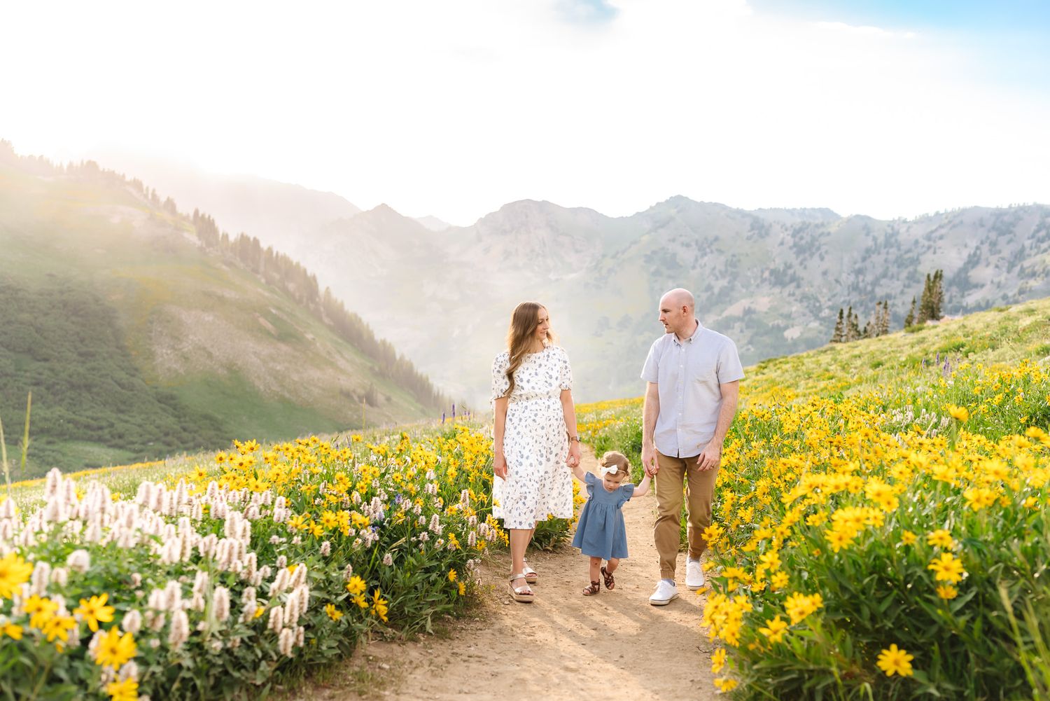 People walking through a vibrant field of yellow wildflowers with mountain views.