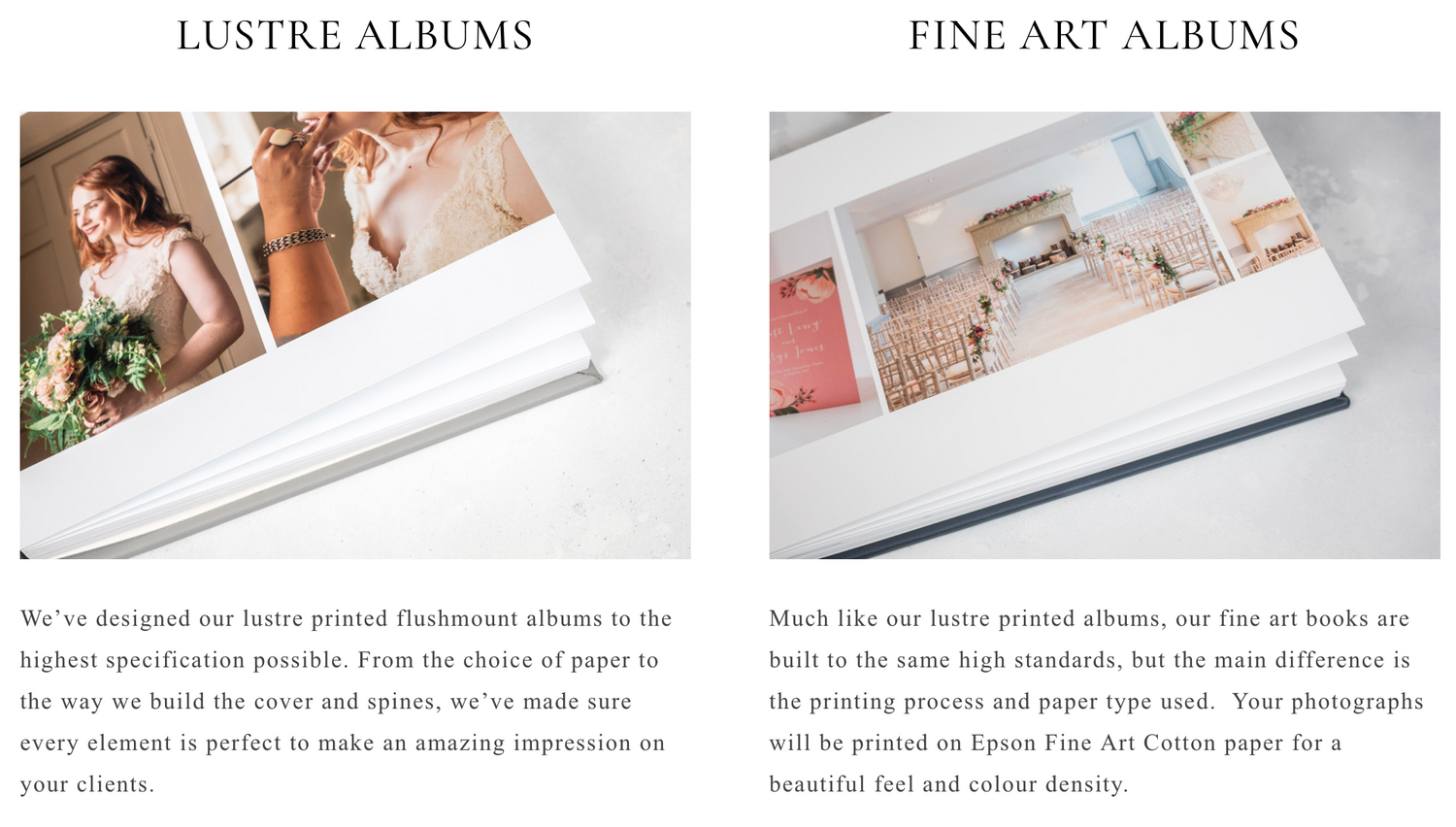 Marketing display showing wedding album options and photography packages.