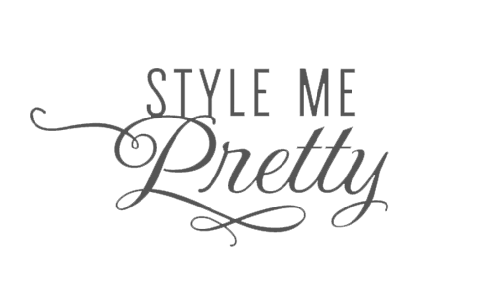 Style Me Pretty logo with decorative script lettering in gray against black background.