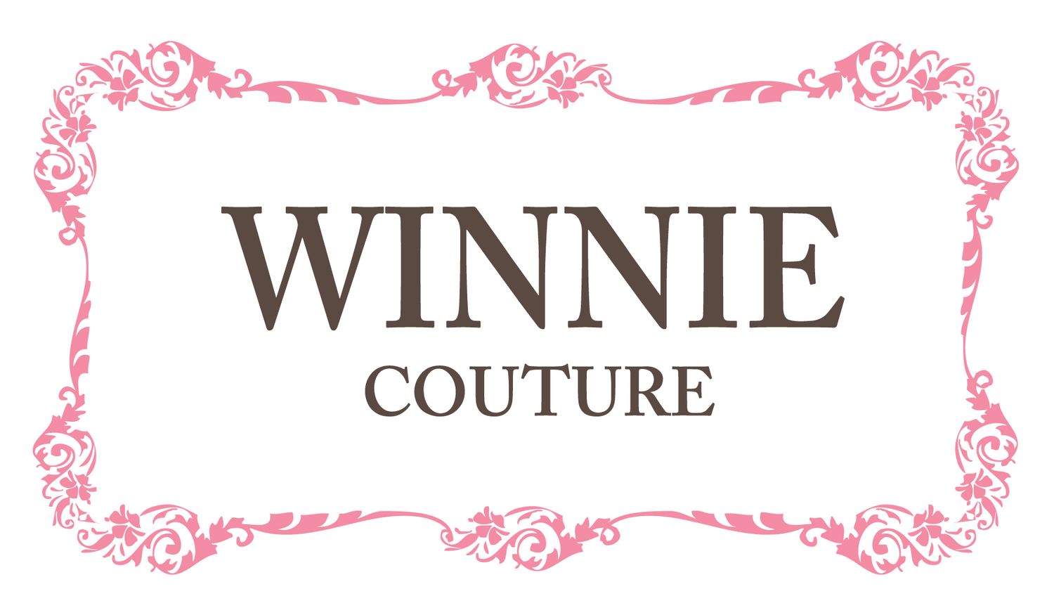 Winnie Couture logo with ornate pink frame and elegant brown typography.