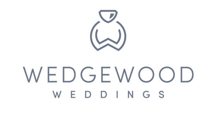 Wedgewood Weddings logo featuring a stylized ring icon and modern typography in gray.